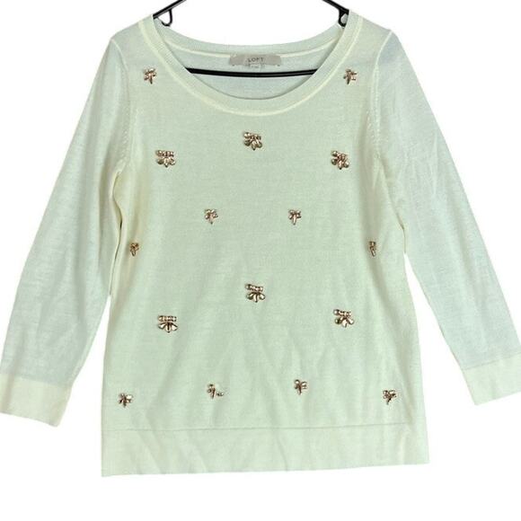 Ann Taylor LOFT Womens Sweater Cream Gold Jeweled 3/4 Sleeve Wool Blend M - Picture 1 of 12